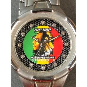 Vintage Hip Hop Bob Marley Watch Silver Tone Rhinestone Reggae Quartz Untested